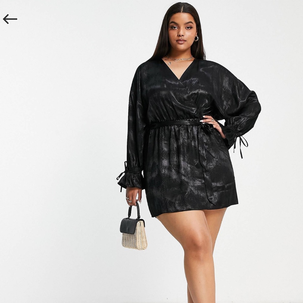 River Island Plus jaquard batwing wrap mini dress in black